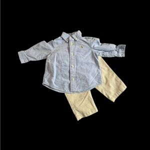 2 pc Infant boy outfit, blue  shirt, tan pants